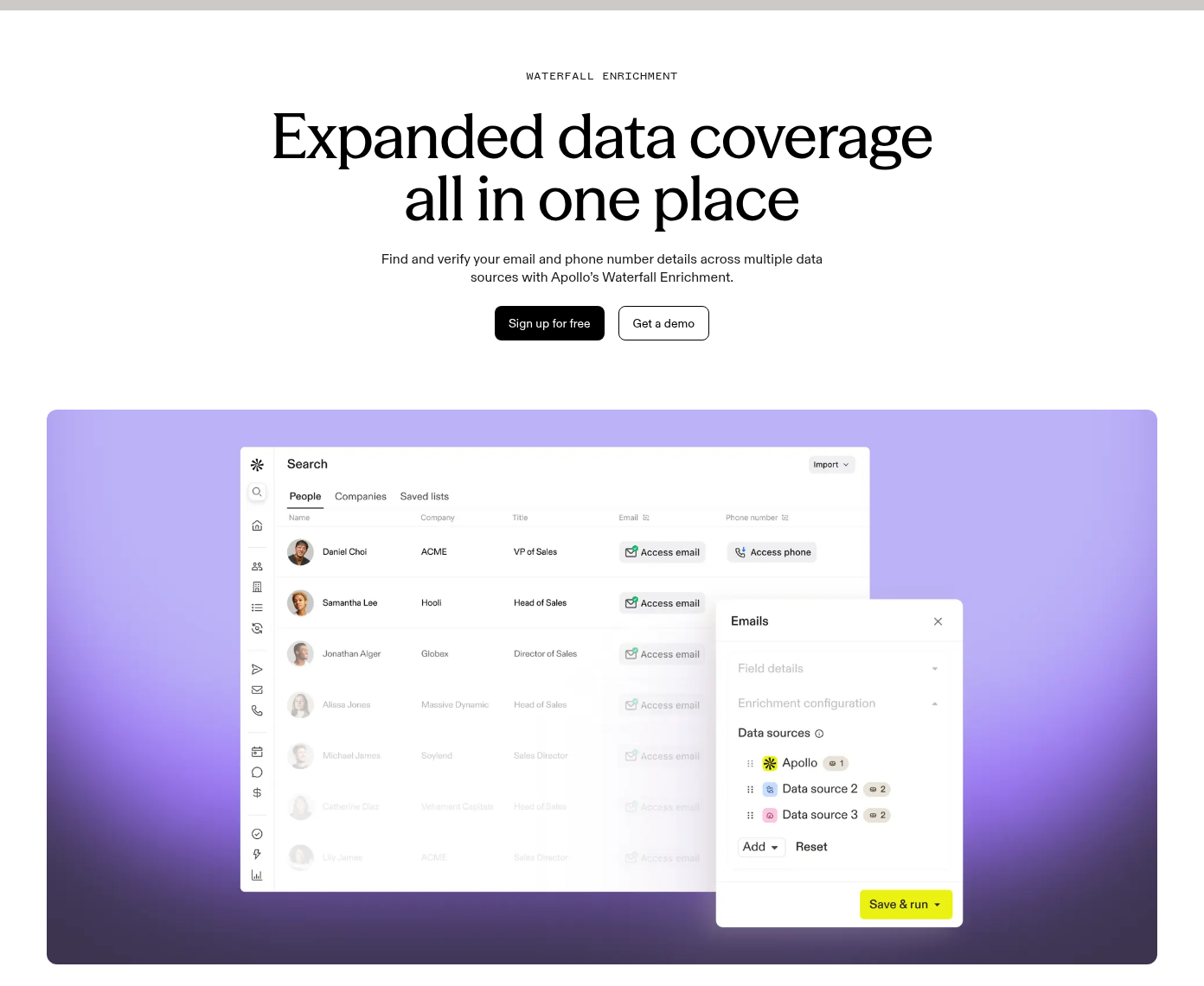 Apollo's Waterfall Enrichment feature page showing multi-provider coverage claims