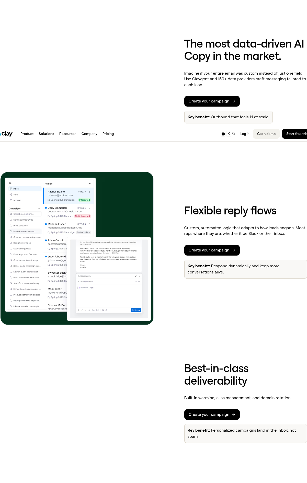 Clay's public Sequencer feature page showing the native cold-email campaign engine, AI copy, reply flows, and deliverability claims