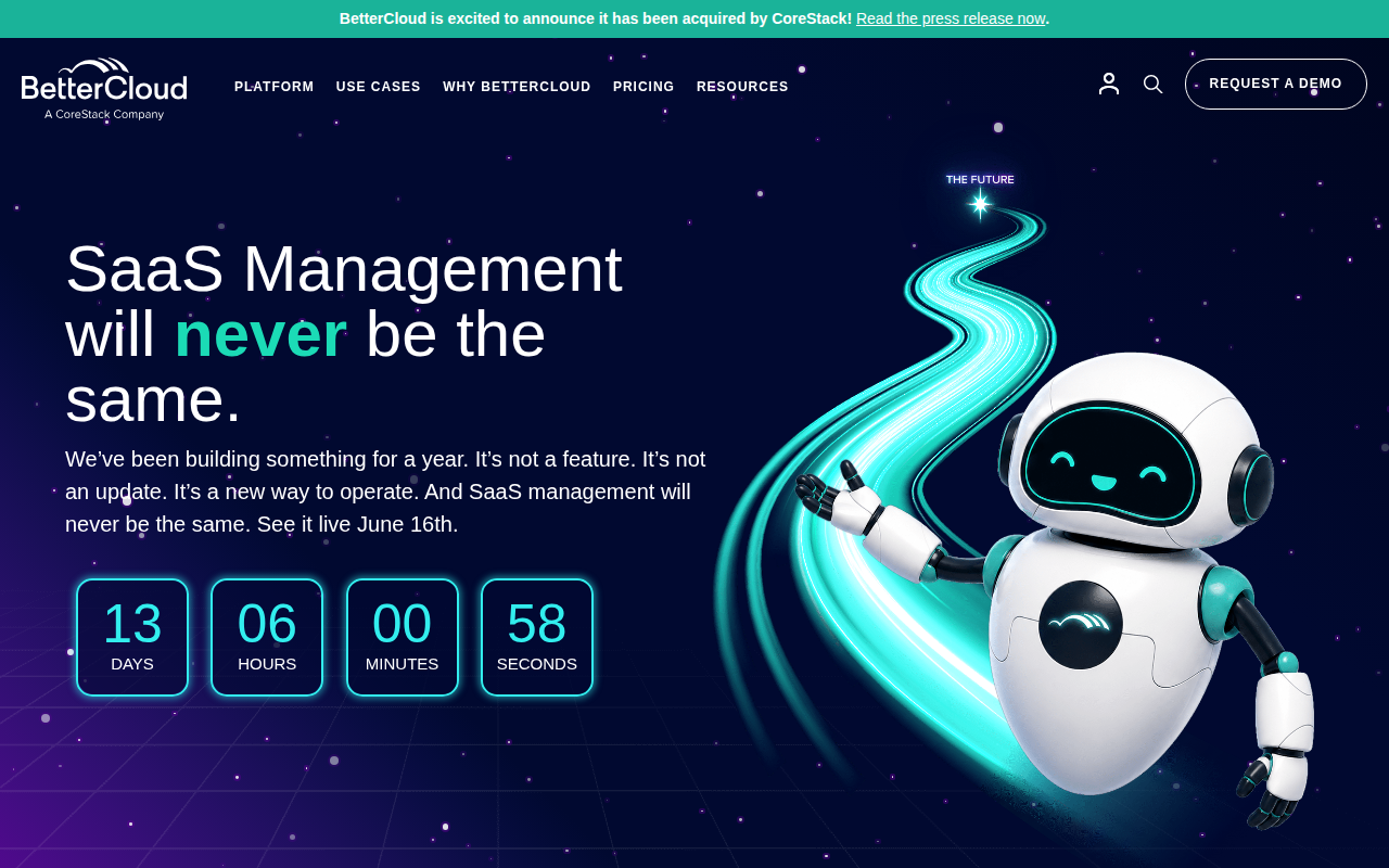 BetterCloud homepage with "SaaS Management will never be the same" headline, CoreStack acquisition banner, and a countdown timer to a June 16th product announcement