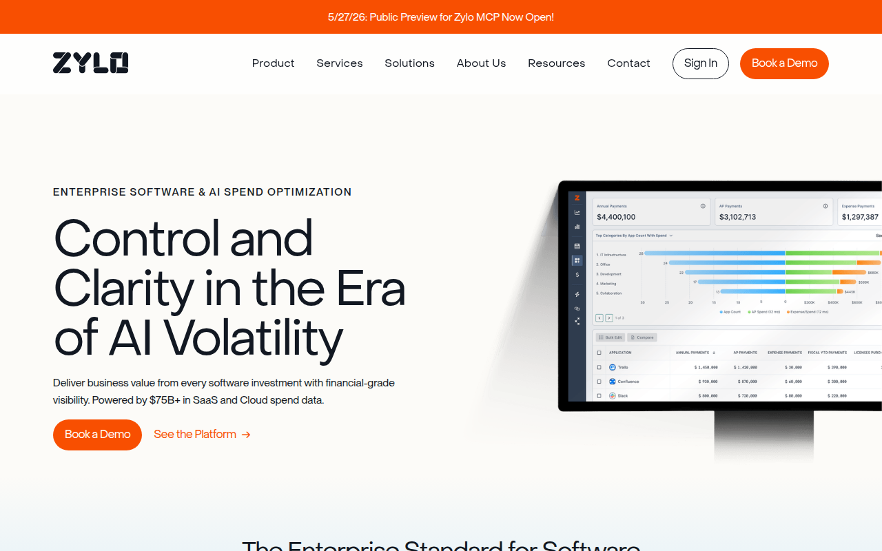 Zylo homepage showing "Control and Clarity in the Era of AI Volatility" headline with $75B+ SaaS spend data and enterprise customer logos