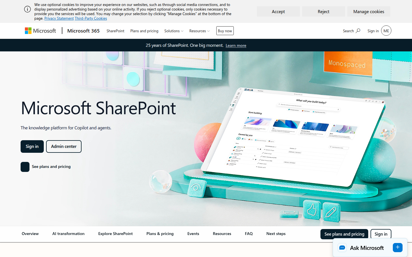 SharePoint public marketing page with headline and feature sections