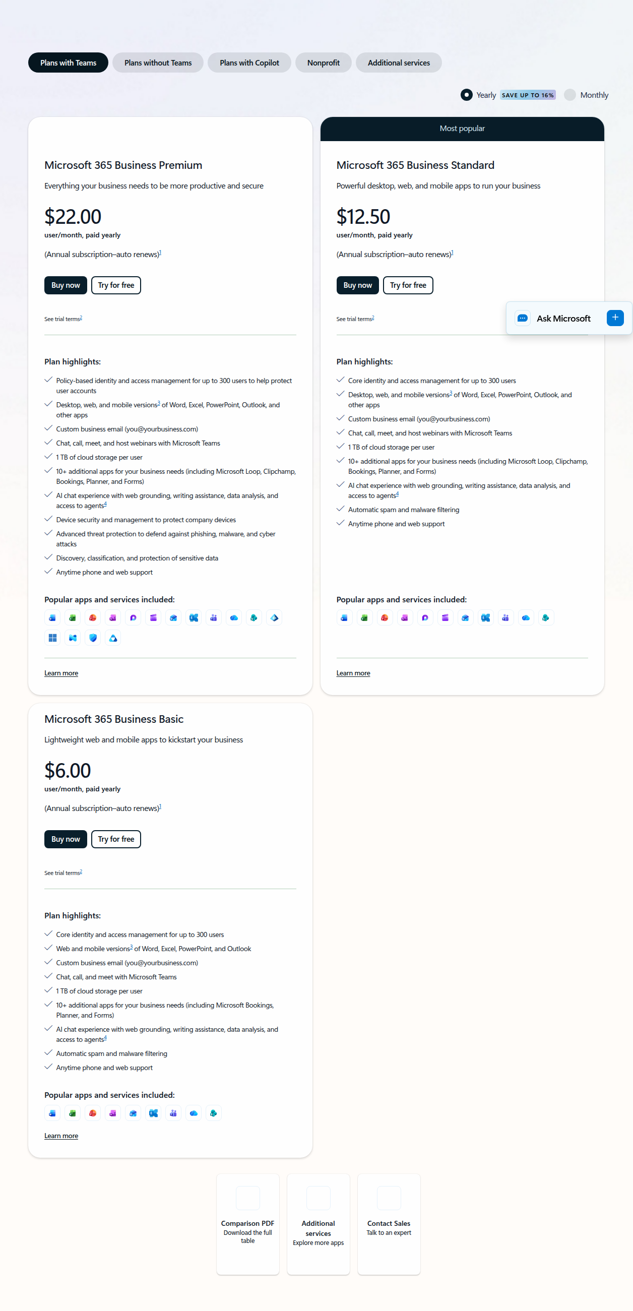 Microsoft 365 Business plans page showing Business Basic, Standard, and Premium plan cards with annual prices