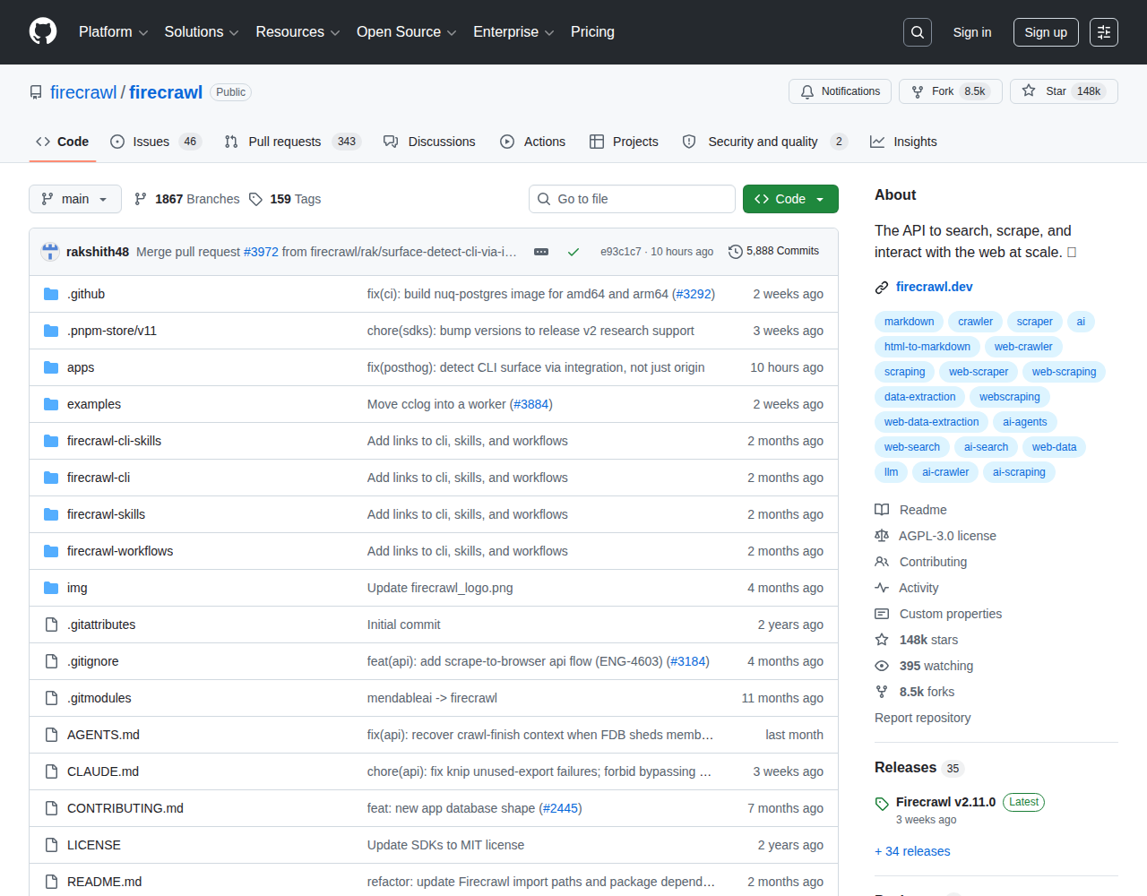 Firecrawl GitHub repository page showing the star count and the AGPL-3.0 license.