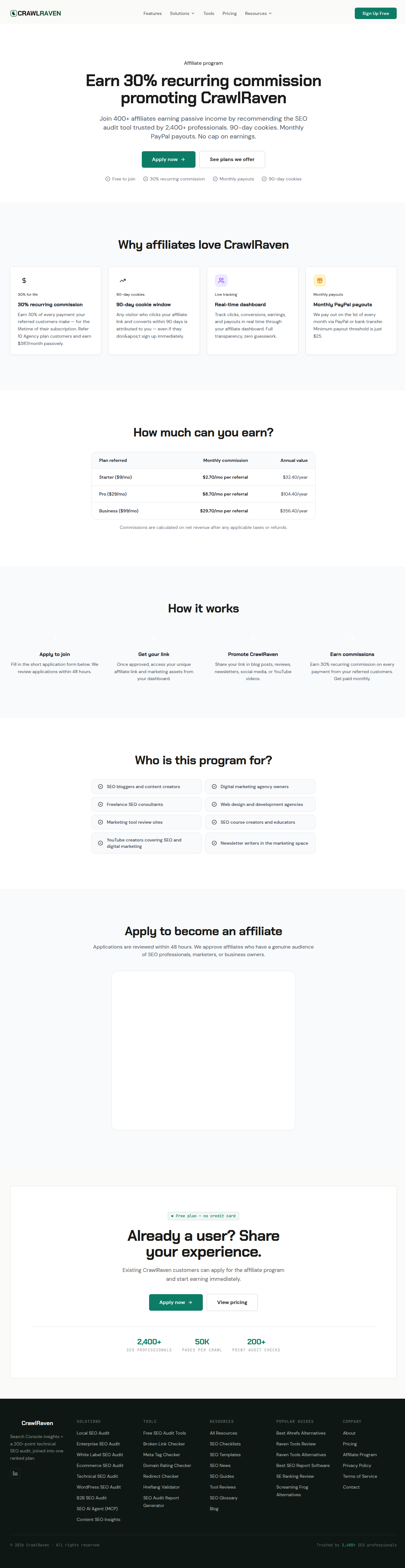 CrawlRaven's affiliate program page showing 30% recurring commission, 90-day cookie window, and monthly PayPal payouts