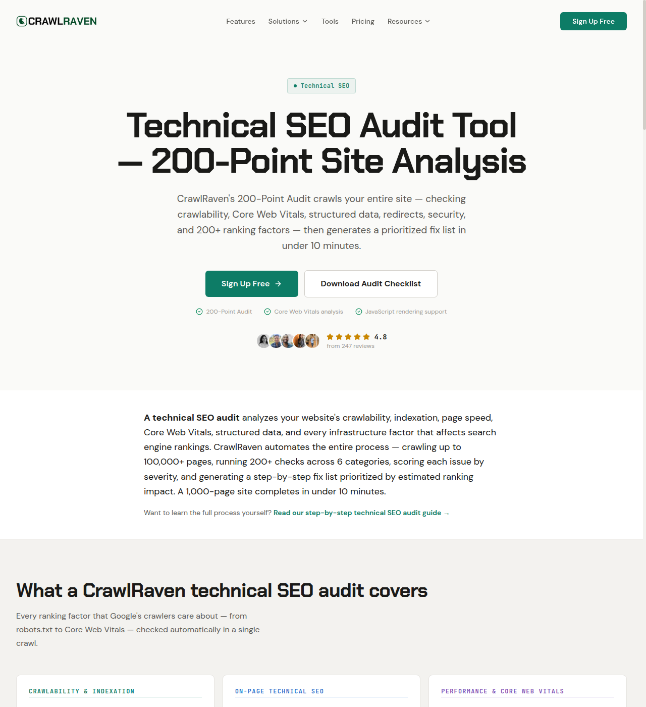 Top of CrawlRaven's technical SEO audit page showing the "100,000+ pages" crawl-capacity claim and "JavaScript rendering support" badge