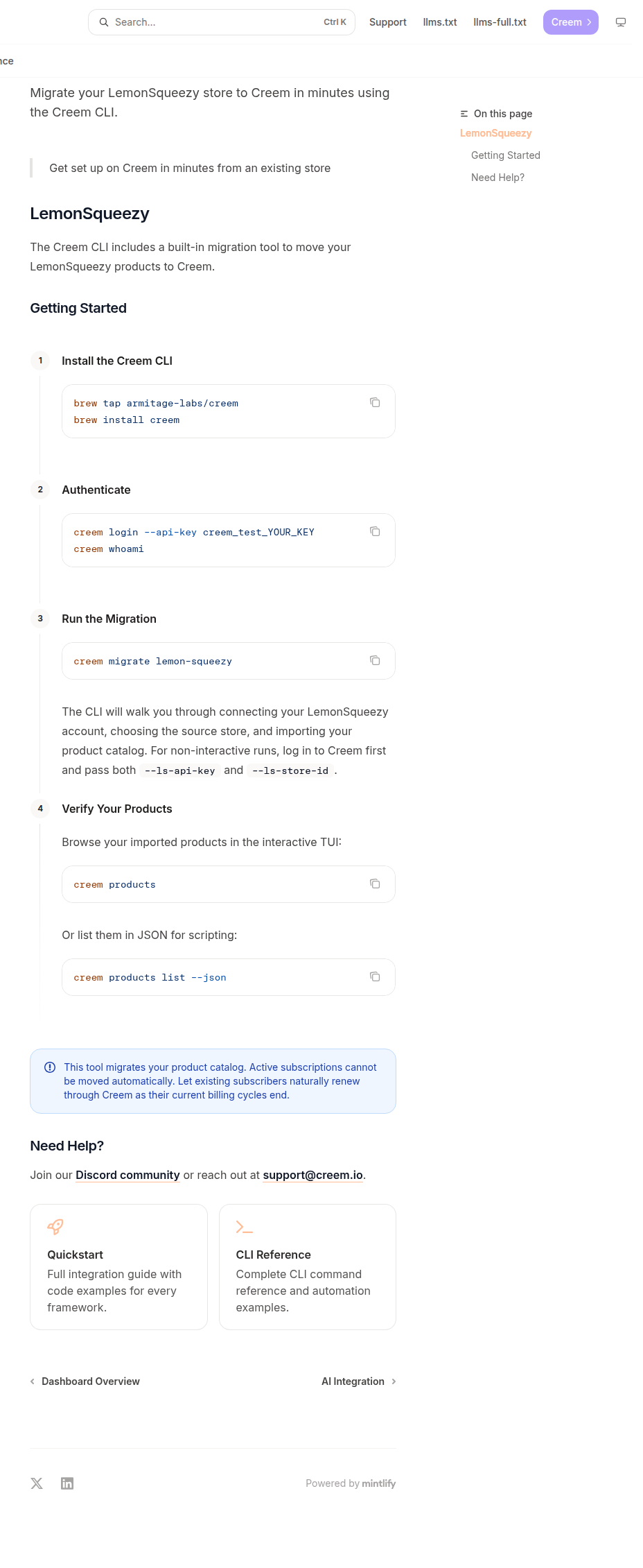 Creem's migration docs showing the "creem migrate lemon-squeezy" CLI command and the callout that active subscriptions cannot be moved automatically