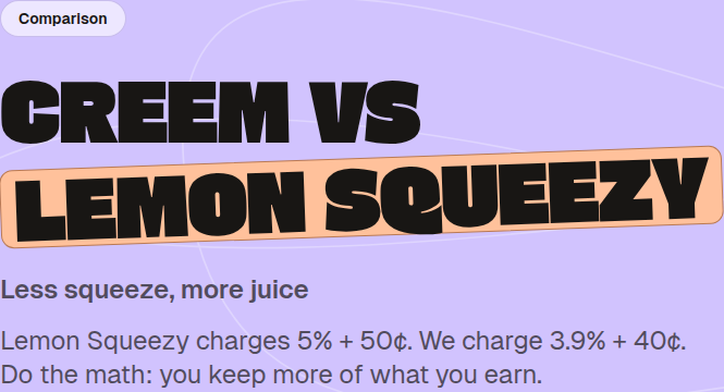 Creem's comparison hero: "Lemon Squeezy charges 5% + 50¢. We charge 3.9% + 40¢."