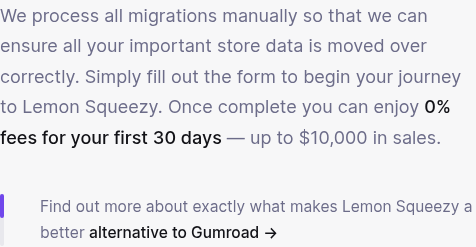 Lemon Squeezy's migration offer: "0% fees for your first 30 days - up to $10,000 in sales" for anyone switching over
