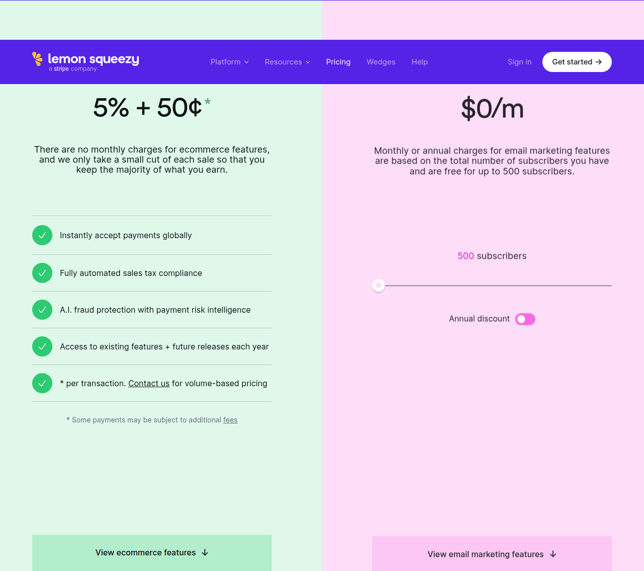 Lemon Squeezy's pricing page: 5% + 50¢ base fee, no monthly charges, email marketing free up to 500 subscribers
