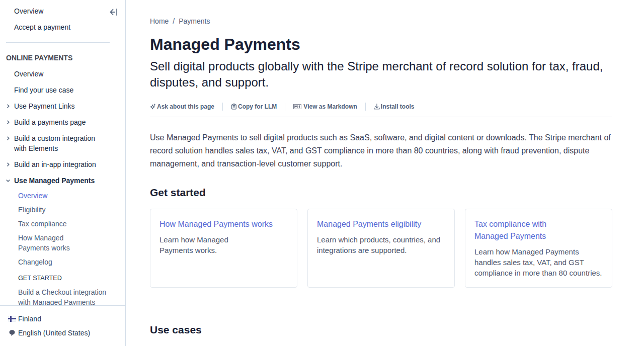 Stripe's Managed Payments overview: the merchant of record solution handling sales tax, VAT, and GST compliance in more than 80 countries