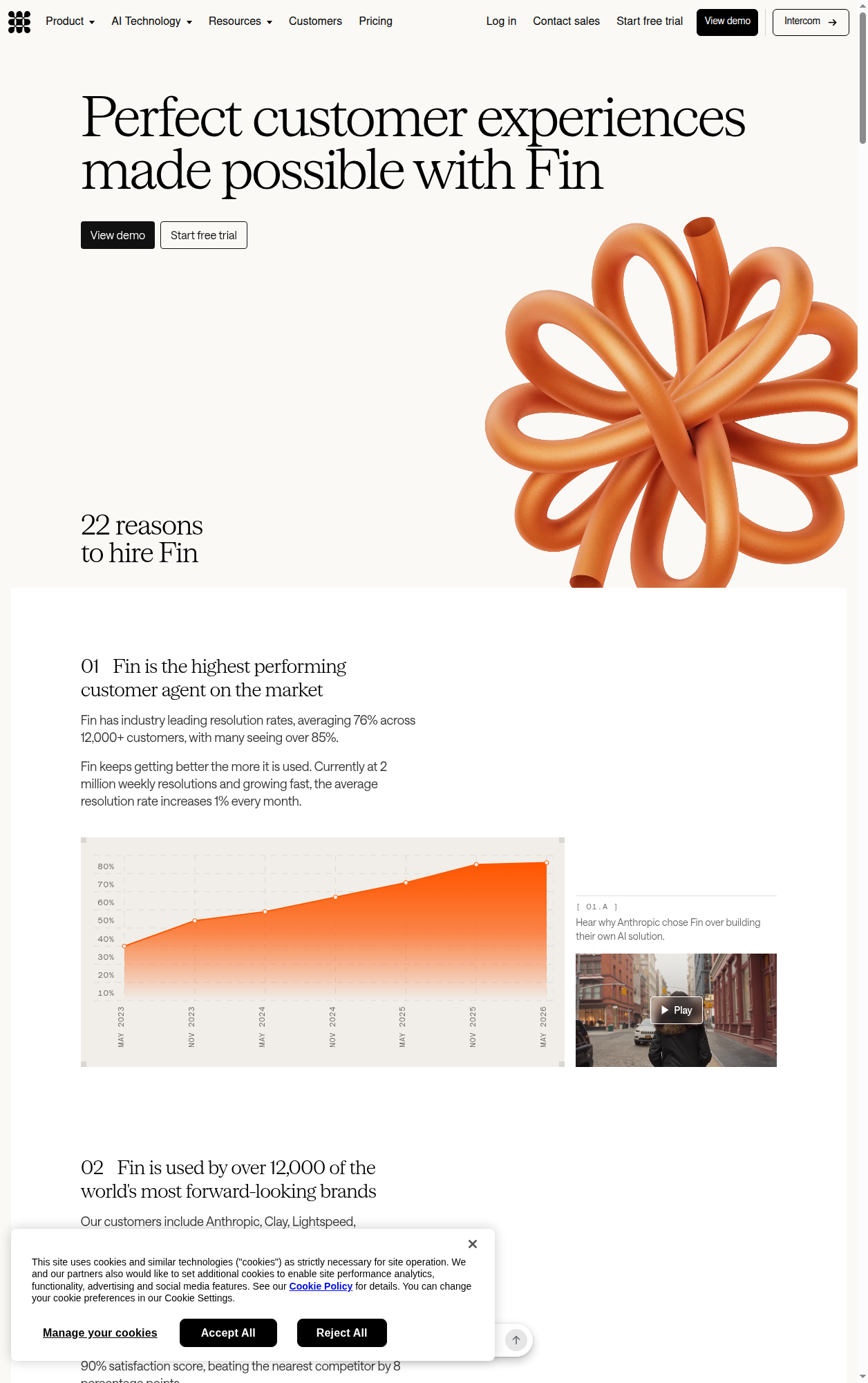 Fin AI landing page showing reasons to hire Fin