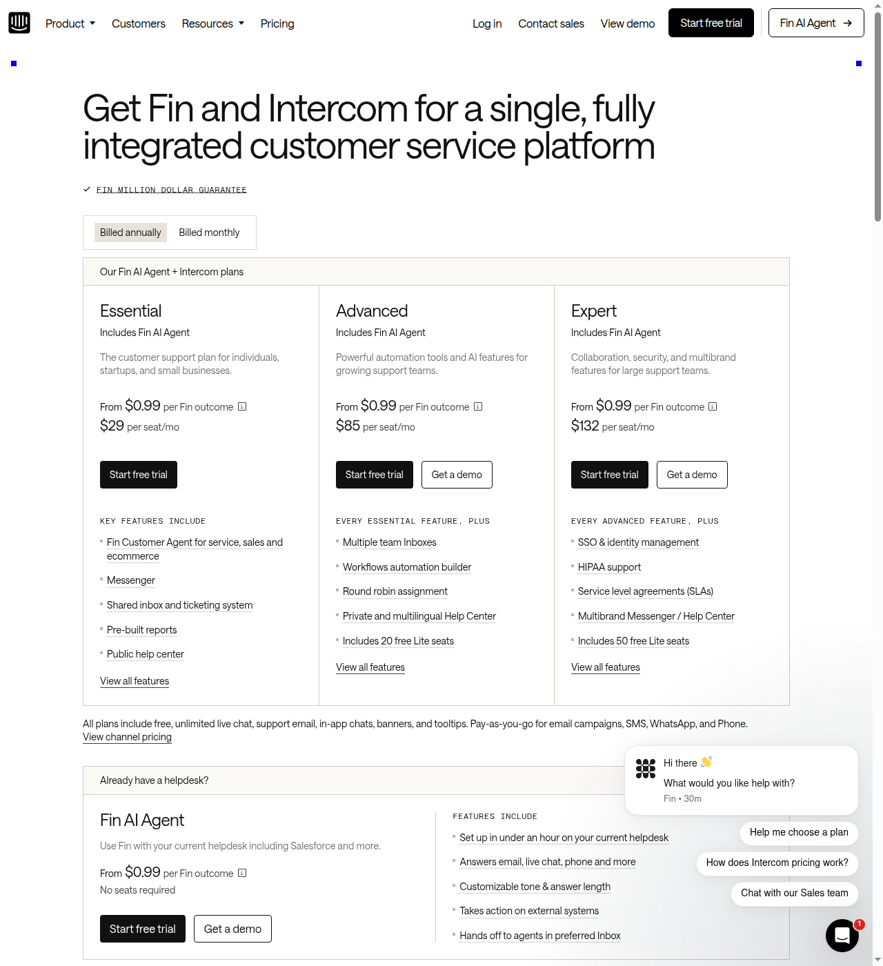 Intercom pricing page showing Essential, Advanced, and Expert plans