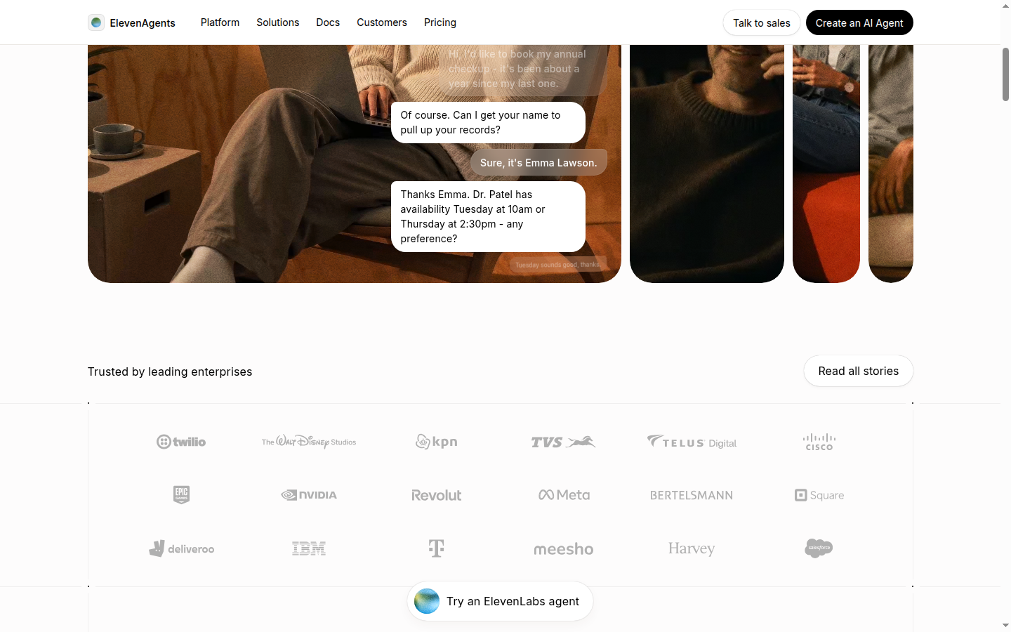 ElevenLabs Conversational AI Agents page showing platform features, integrations, and enterprise capabilities.