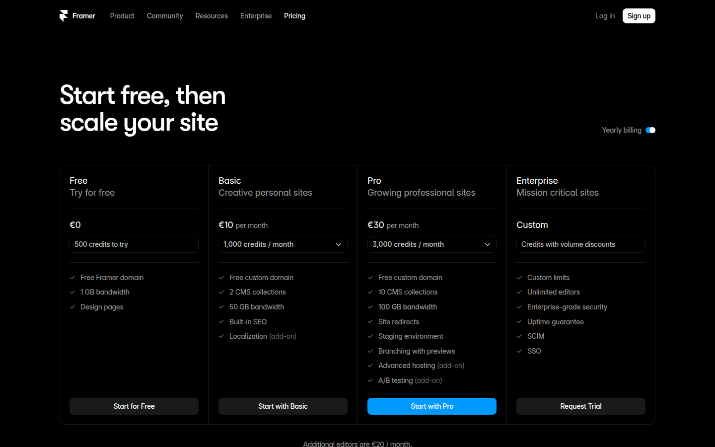 Framer pricing page showing Free, Basic (€10/mo), Pro (€30/mo), and Enterprise plans with key limits