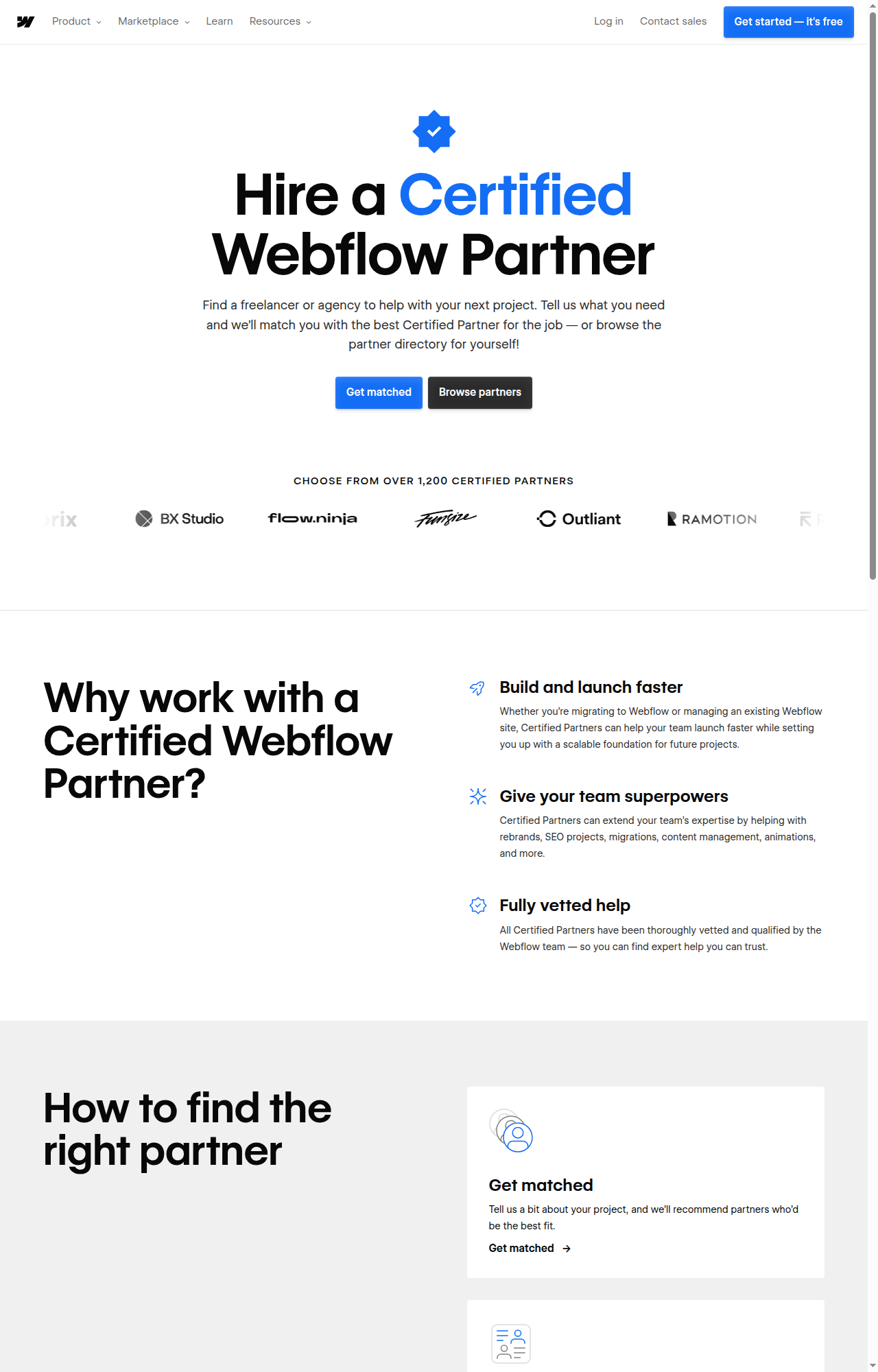 Webflow Certified Partners directory page showing the matching service and partner listings