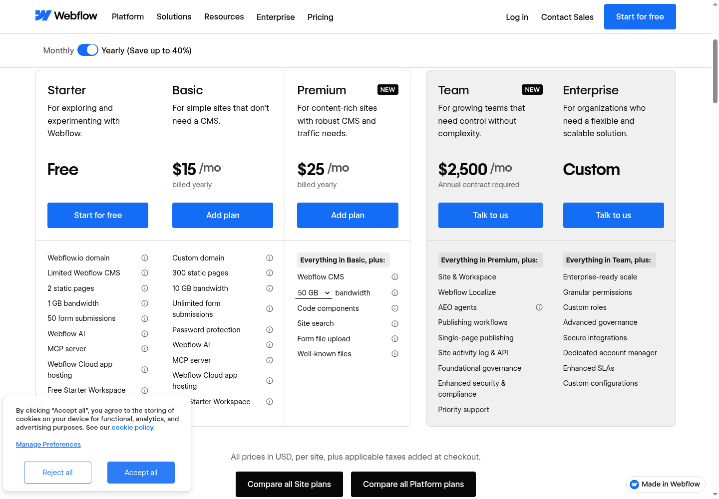 Webflow pricing page showing Starter (free), Basic ($15/mo), Premium ($25/mo), Team ($2,500/mo), and Enterprise plans with key limits