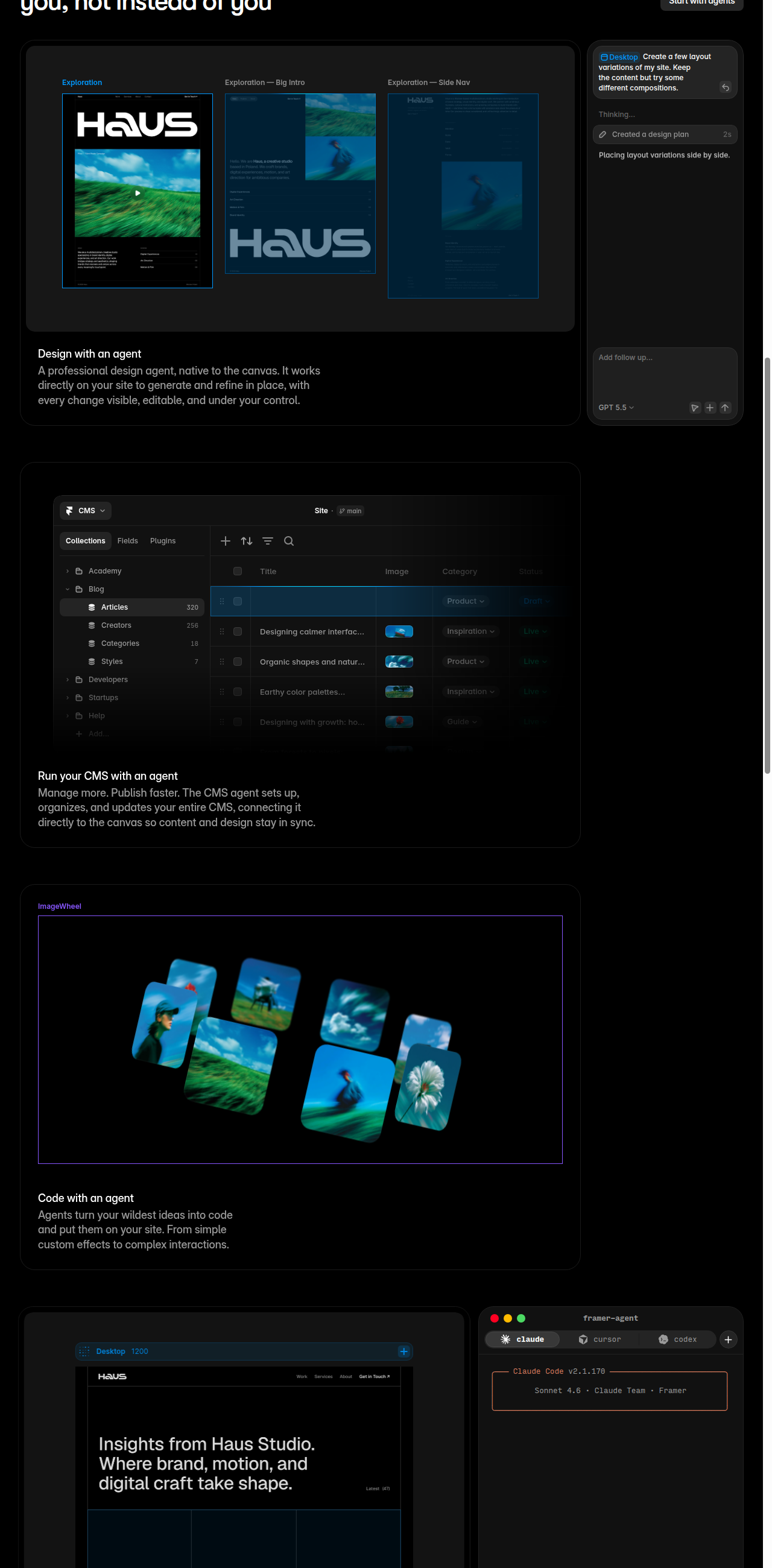 A section of Framer's public features page highlighting the Design, CMS, and Code agents