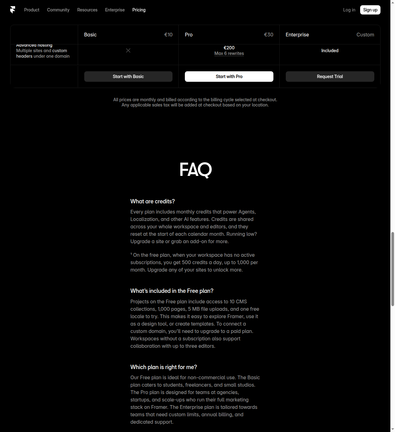 Framer pricing page FAQ footnote stating the Free plan's 500/day and 1,000/mo credit cap