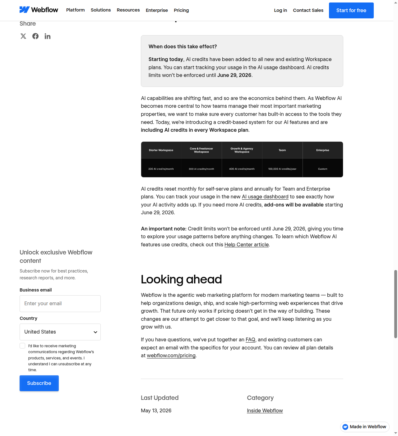 Last Updated May 13, 2026 metadata on Webflow's pricing-update blog post