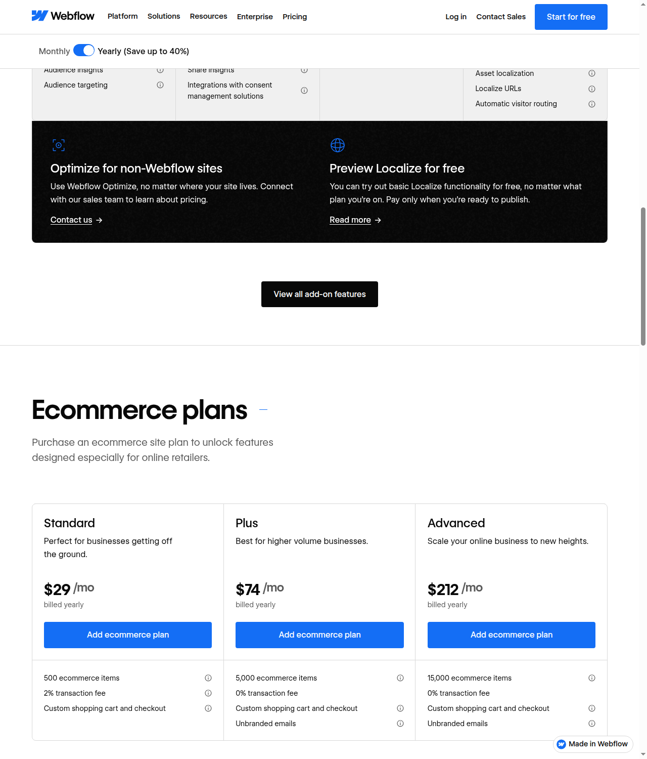 Webflow pricing page Ecommerce plans section showing Standard, Plus, and Advanced tiers with prices and item limits