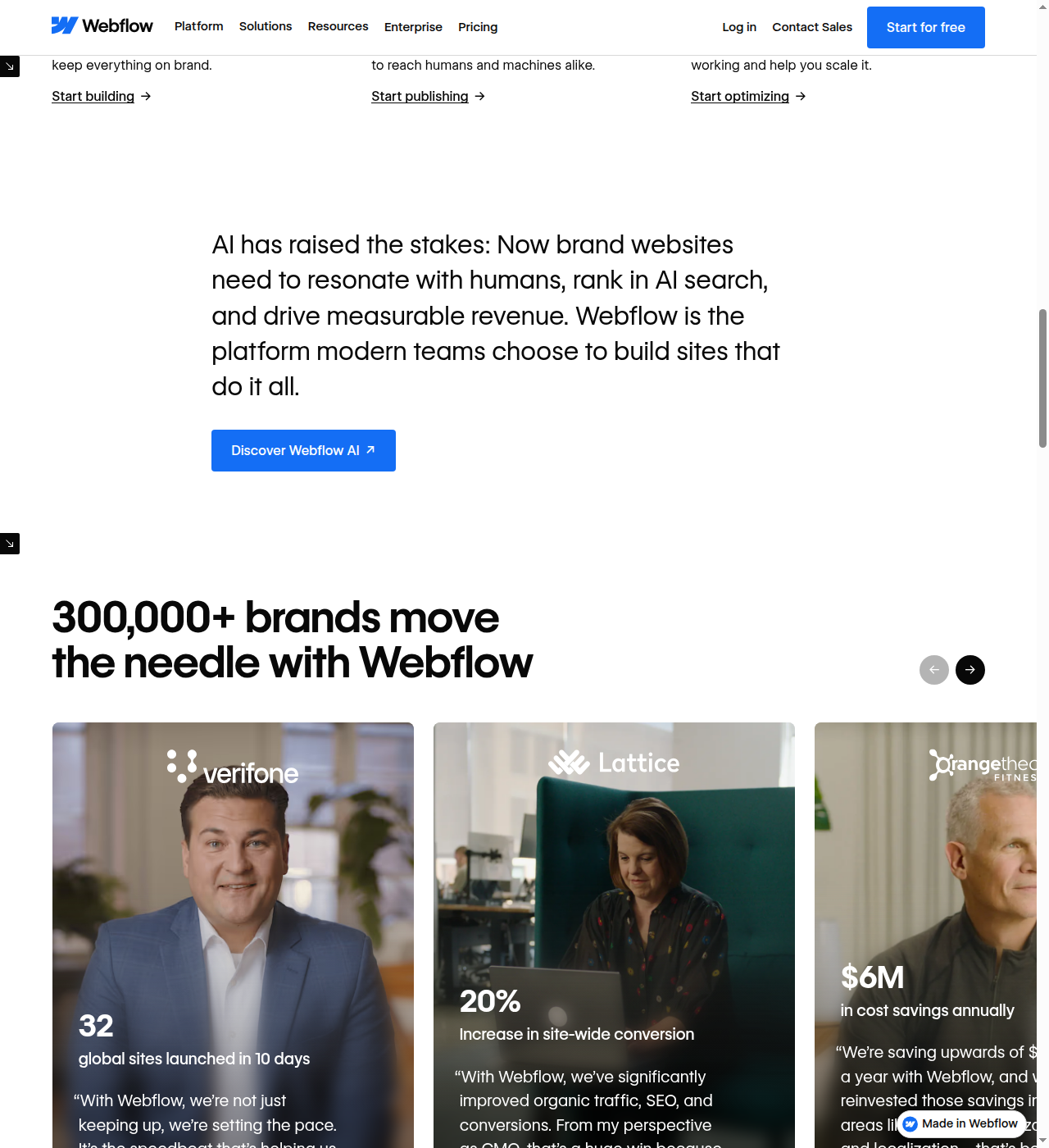 Webflow homepage section reading 300,000+ brands move the needle with Webflow, with customer logo cards