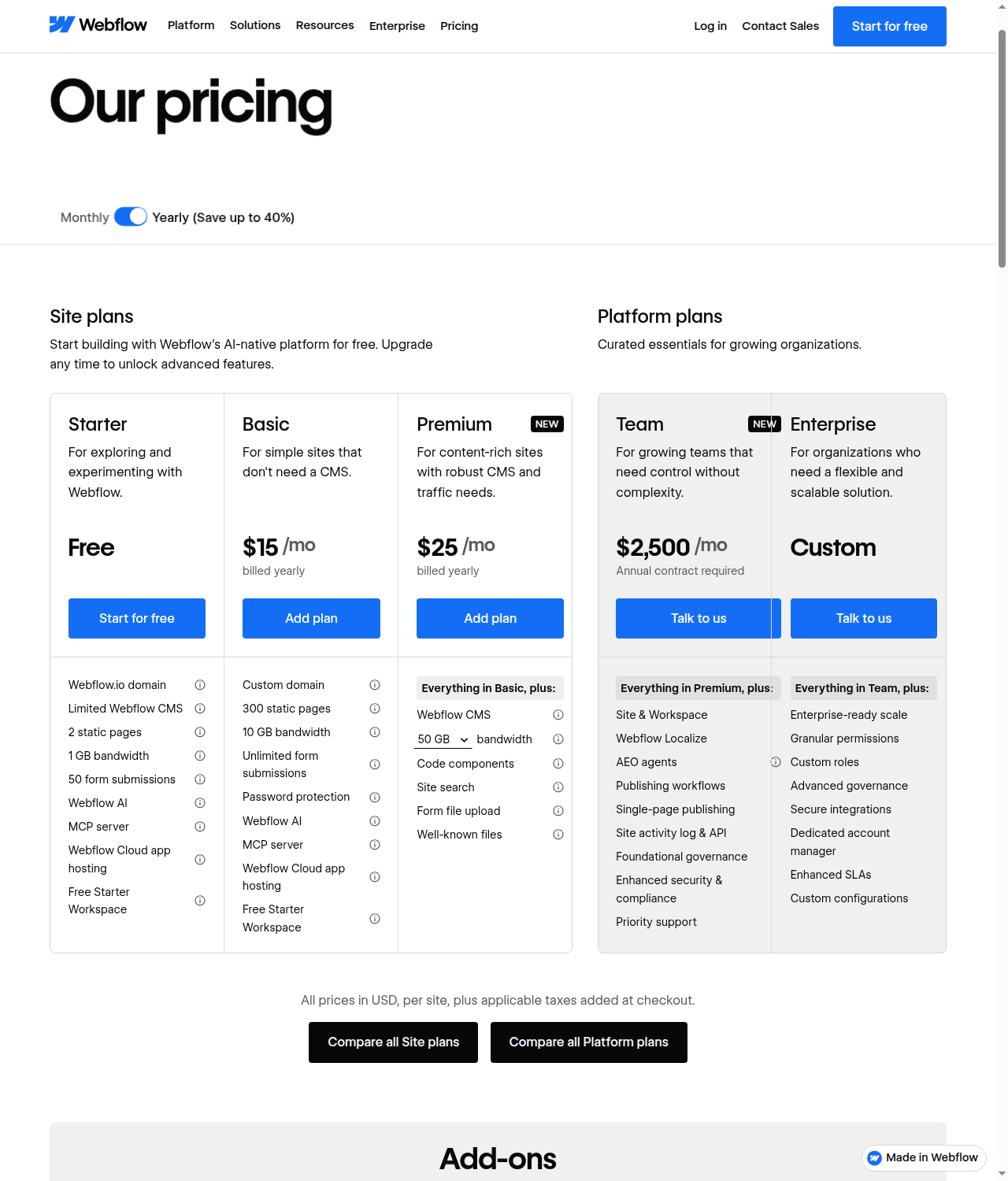 Webflow Site plans (Starter, Basic, Premium) and Platform plans (Team, Enterprise) with prices and feature limits