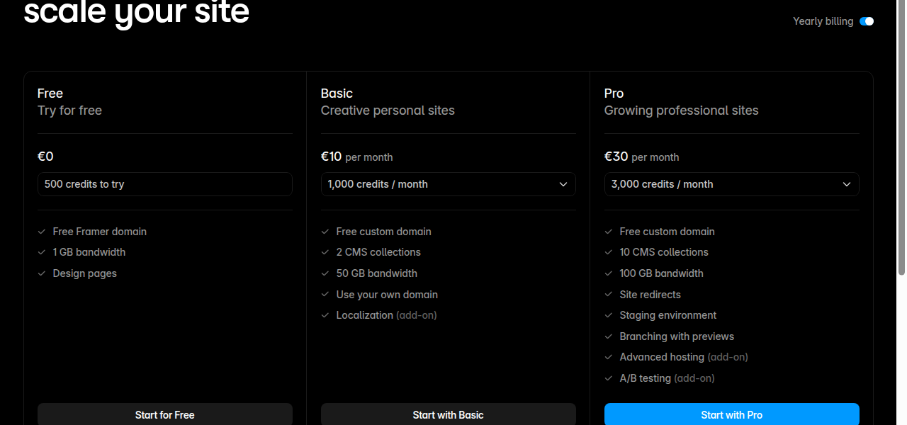 Framer pricing plan cards showing Free, Basic, Pro, and Enterprise plans