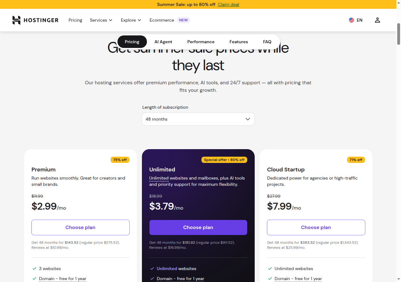 Hostinger WordPress hosting plan cards showing Premium, Unlimited, and Cloud Startup plans on 48-month terms