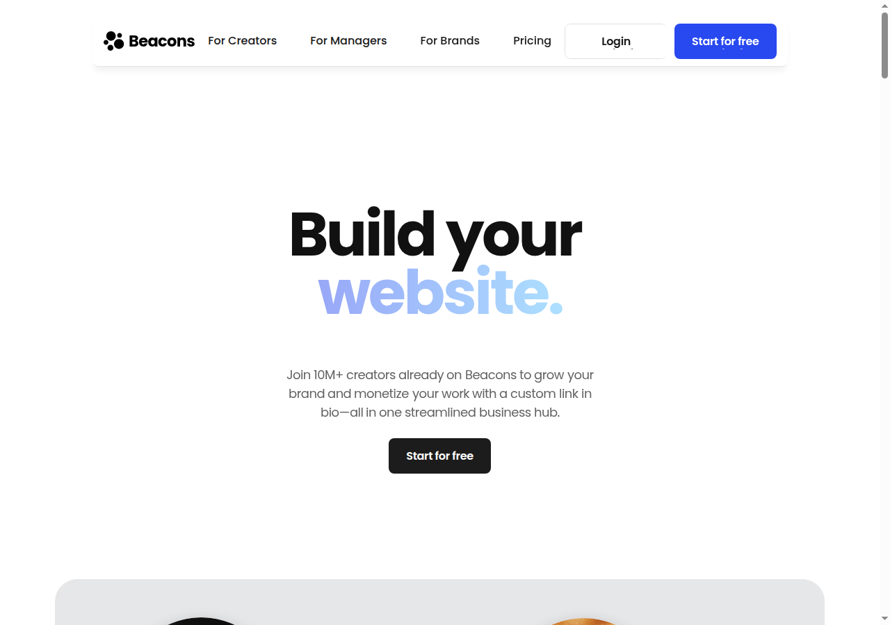 The Beacons homepage hero with "Join 10M+ creators already on Beacons" headline and a "Start for free" CTA