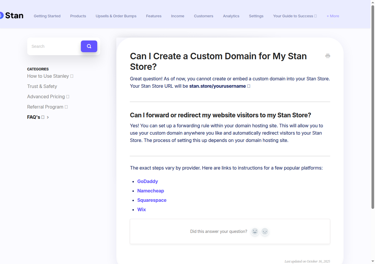 Stan Store help center - custom domains not supported