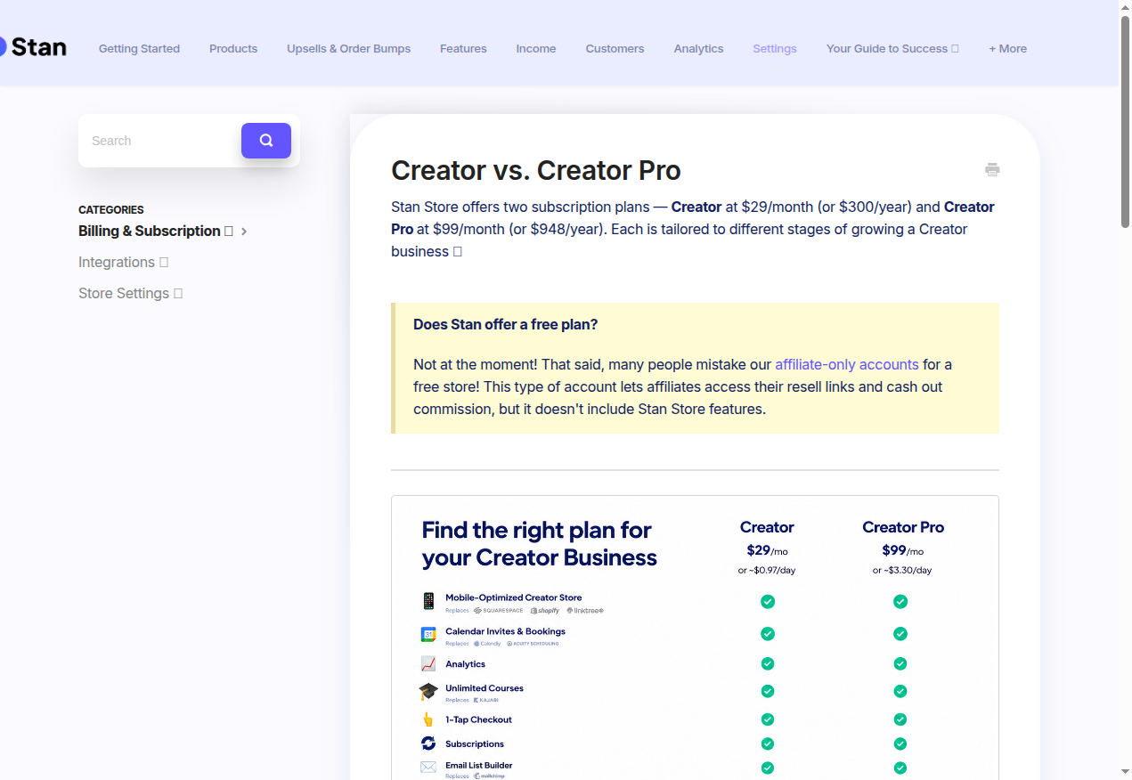 Stan Store pricing - Creator and Creator Pro plans