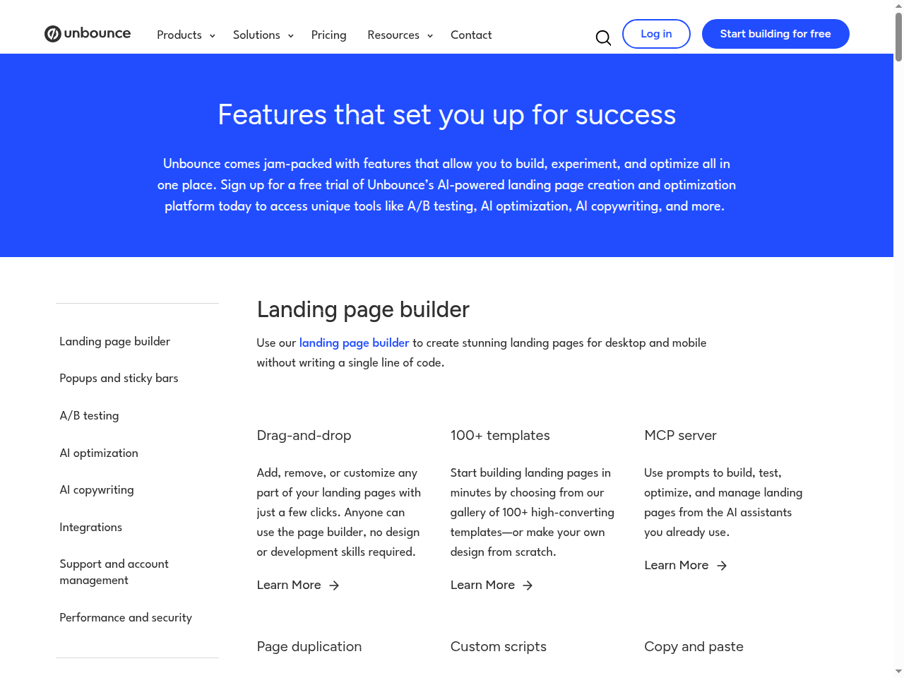 Unbounce public features page at unbounce.com showing the landing-page-builder feature overview and the 100+ templates claim