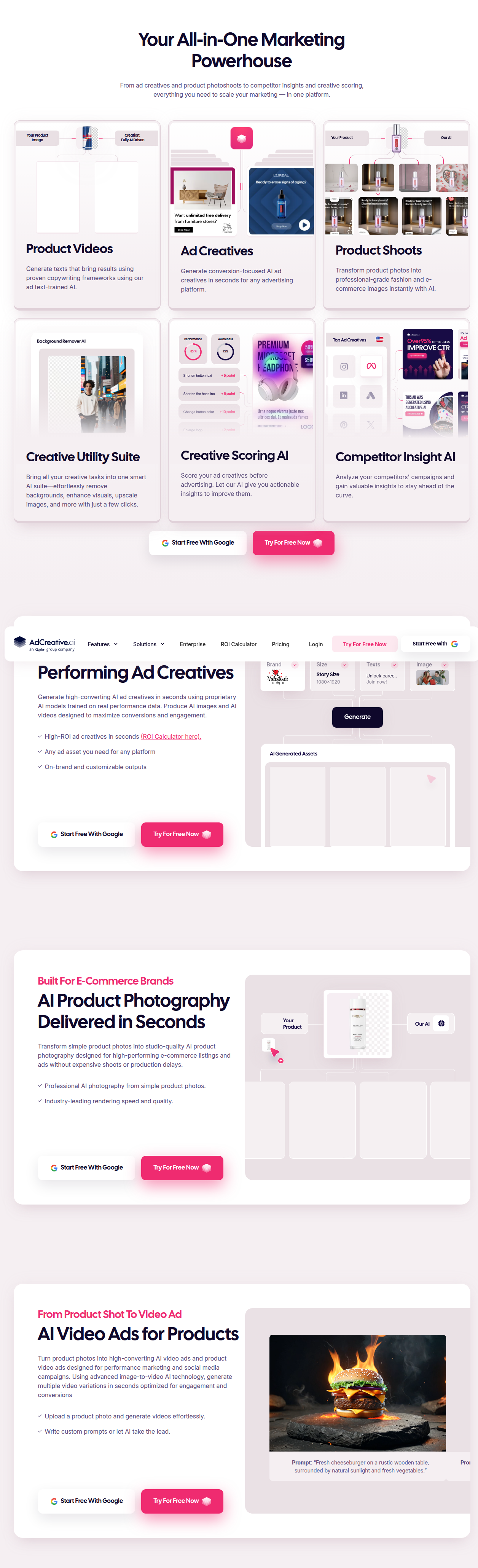 AdCreative.ai homepage All-in-One Marketing Powerhouse section showing feature cards including AI ad generation, creative scoring, competitor insights, and product photoshoots