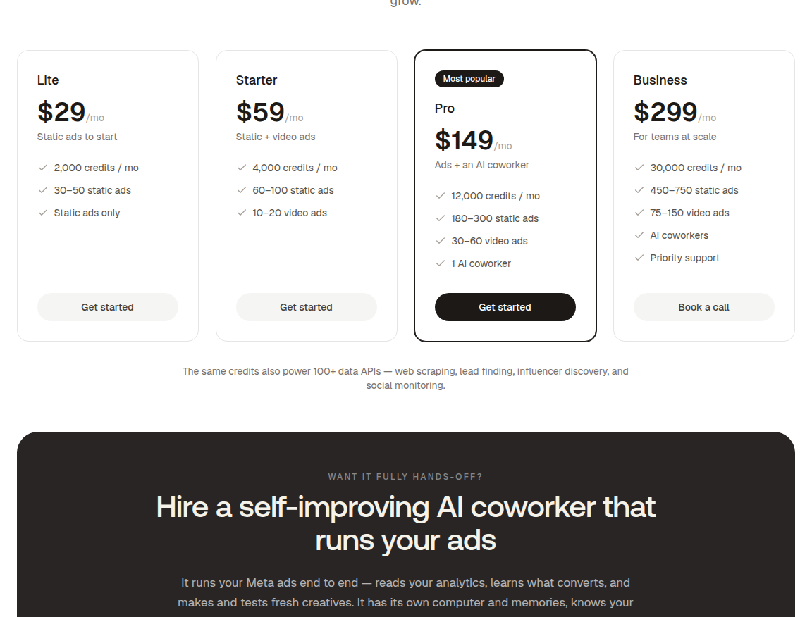 Gooseworks pricing section showing four plan cards: Lite ($29/mo), Starter ($59/mo), Pro ($149/mo), and Business ($299/mo)