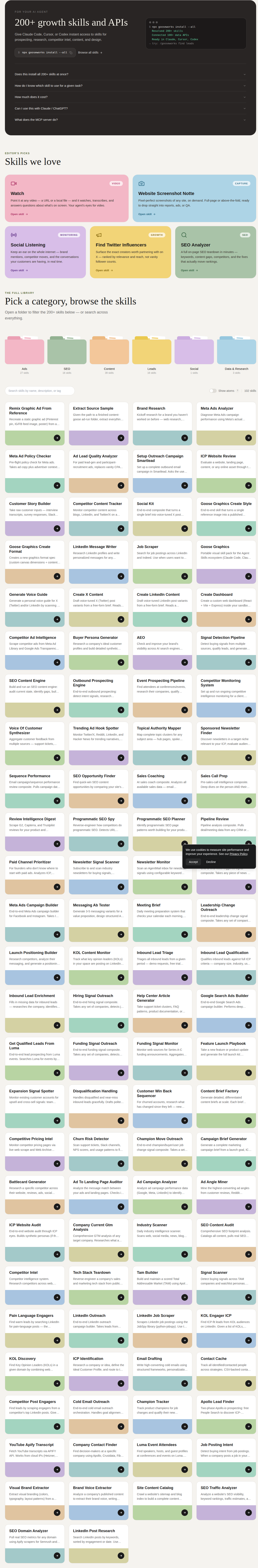 Gooseworks Skills Library page showing 200+ growth skills and APIs heading and install command