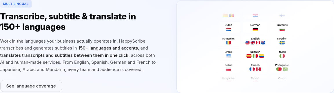 HappyScribe language support showing 150+ languages and subtitle export capabilities