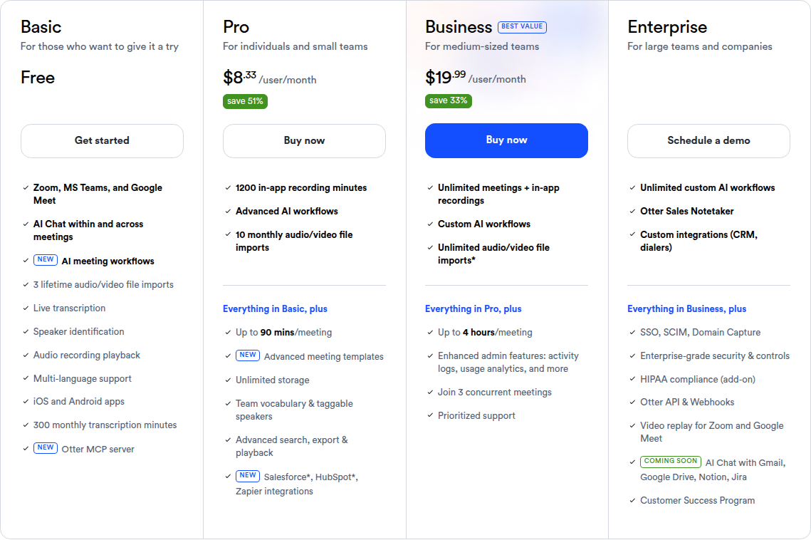 Otter.ai pricing table showing Basic, Pro, Business, and Enterprise tiers