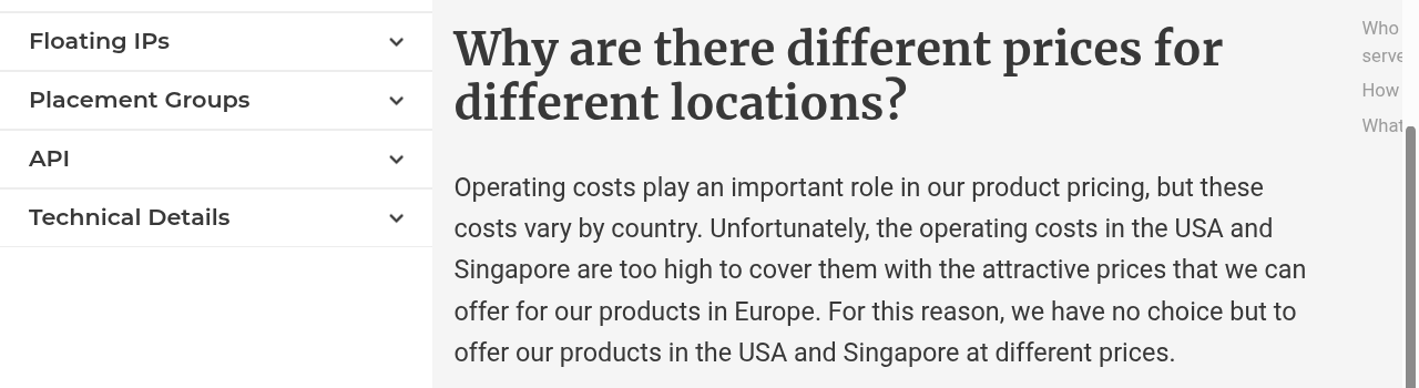 Hetzner Cloud docs FAQ on location pricing