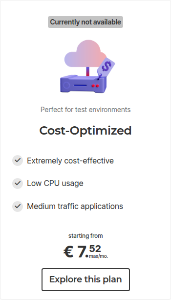 Hetzner Cloud homepage Cost-Optimized card with the "Currently not available" badge