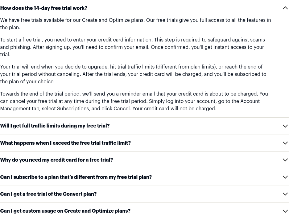 Instapage trial FAQ showing the 2,500 unique monthly visitor cap during the 14-day free trial