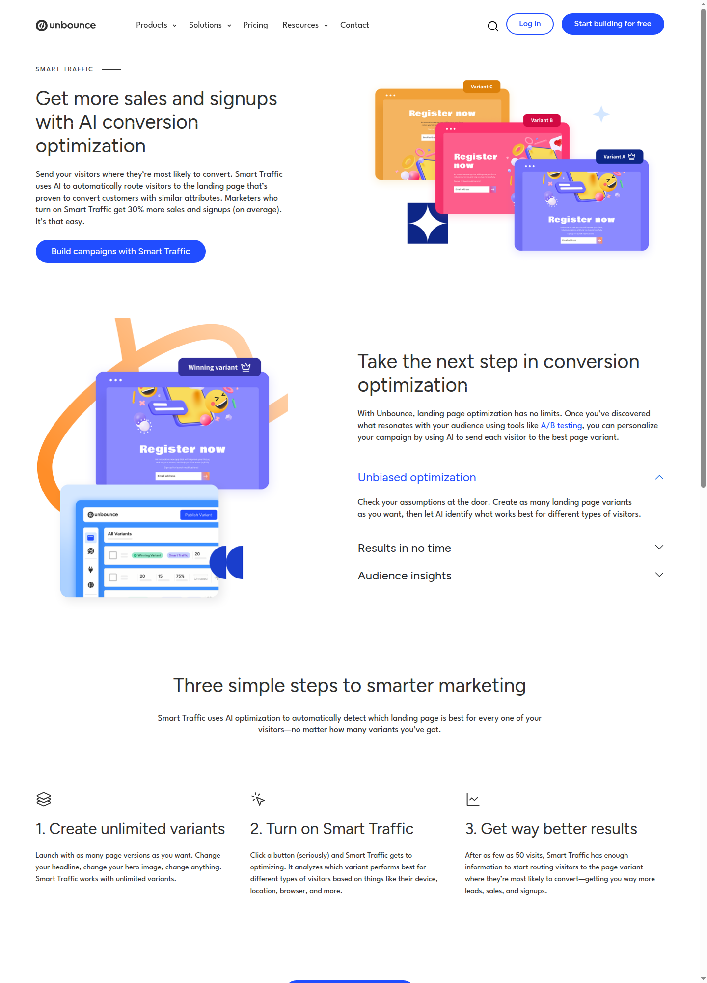 Unbounce Smart Traffic feature page showing the AI optimization workflow and 30% conversion lift claim