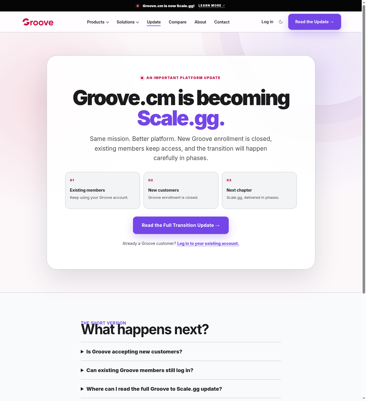 GrooveFunnels pricing page now shows the transition announcement instead of plans