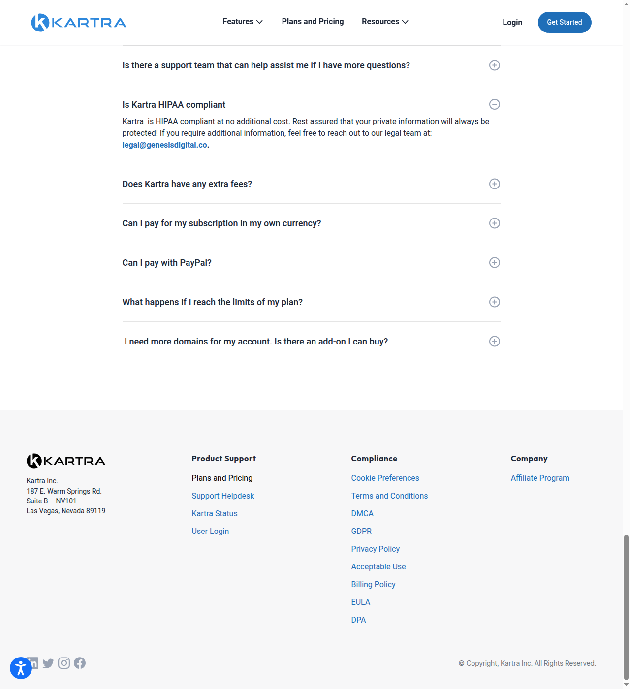 Kartra pricing FAQ: 'Is Kartra HIPAA compliant' answer confirming HIPAA compliance at no additional cost