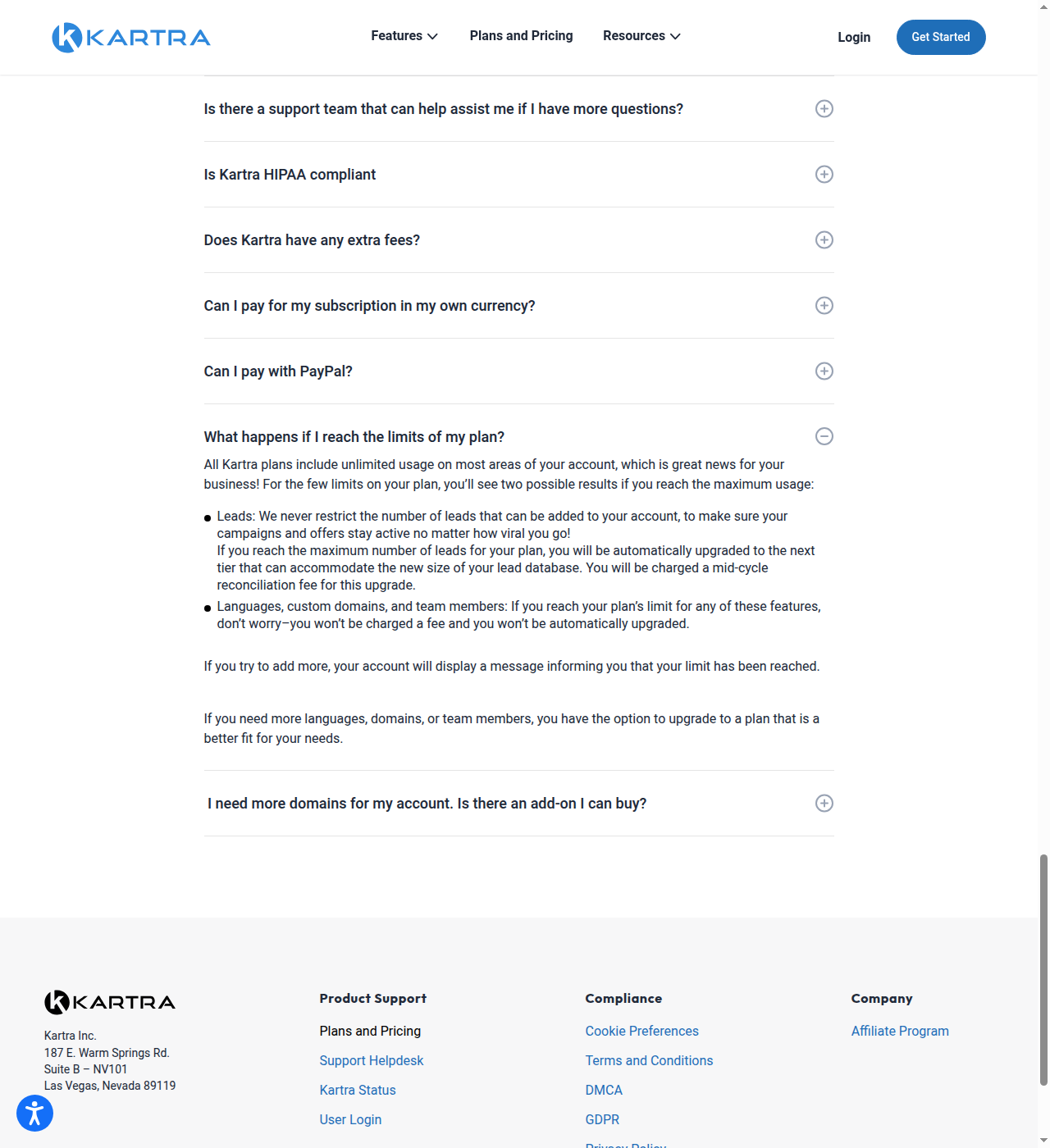 Kartra pricing FAQ answer showing the auto-upgrade and mid-cycle reconciliation fee for exceeding your lead limit