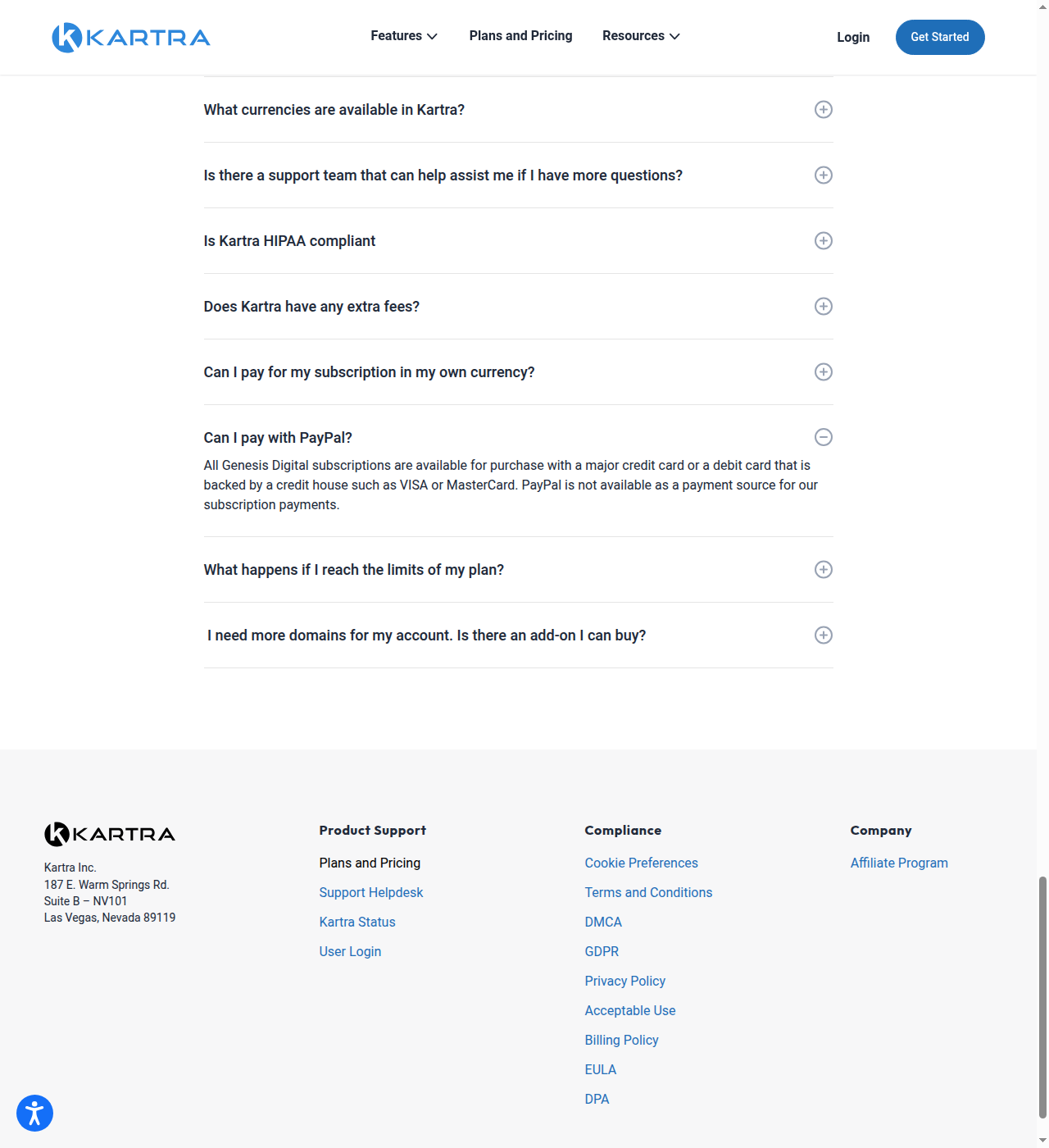 Kartra pricing FAQ: 'Can I pay with PayPal?' answer confirming PayPal is not available for subscription payments