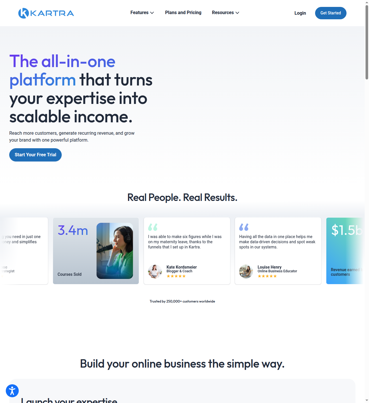 Kartra homepage hero: "The all-in-one platform that turns your expertise into scalable income"