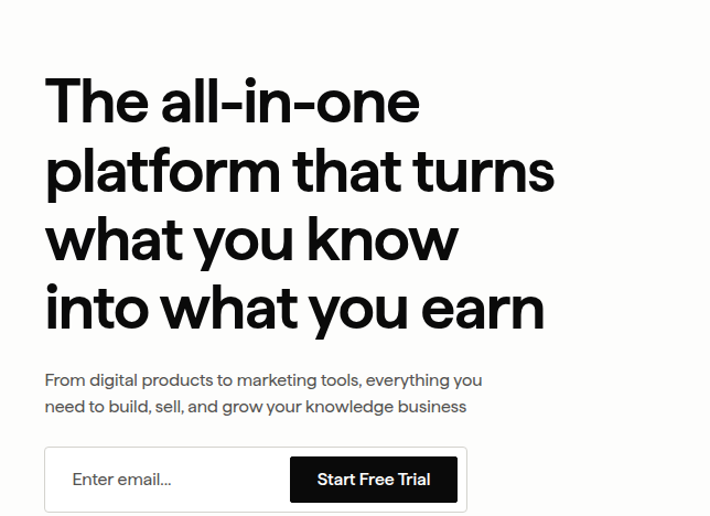 Kajabi homepage hero - "All-in-one. Because six separate tools isn't a business plan."
