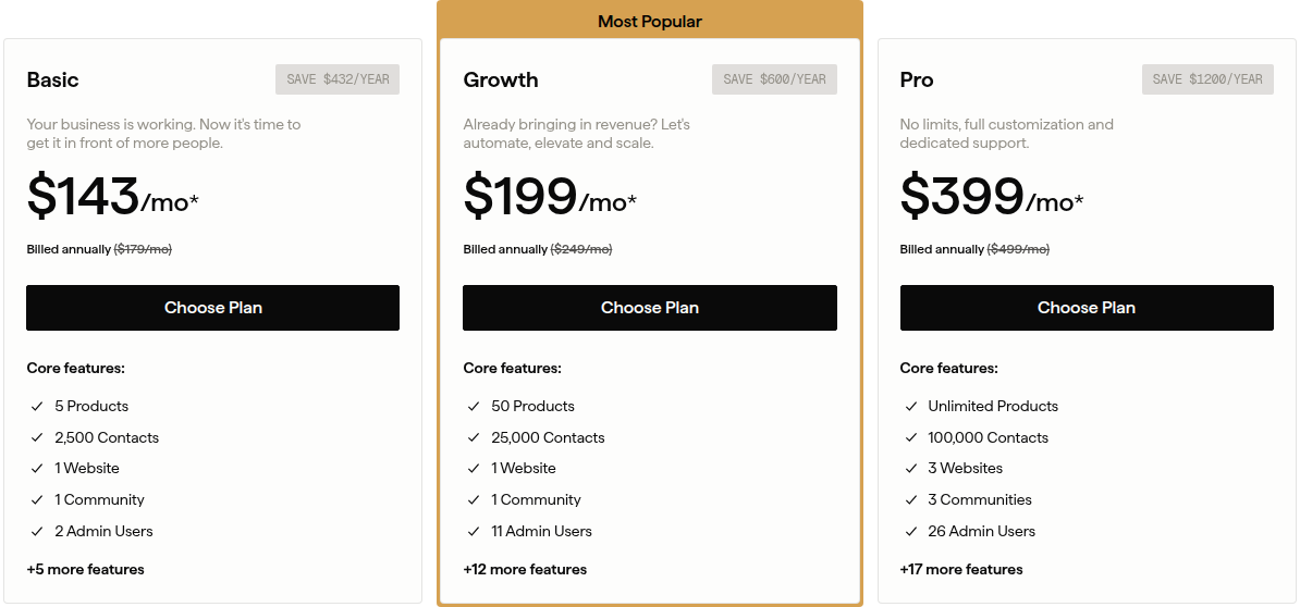Kajabi pricing plan cards showing Basic, Growth, and Pro prices