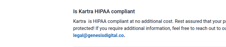 Kartra FAQ answer confirming HIPAA compliance at no additional cost