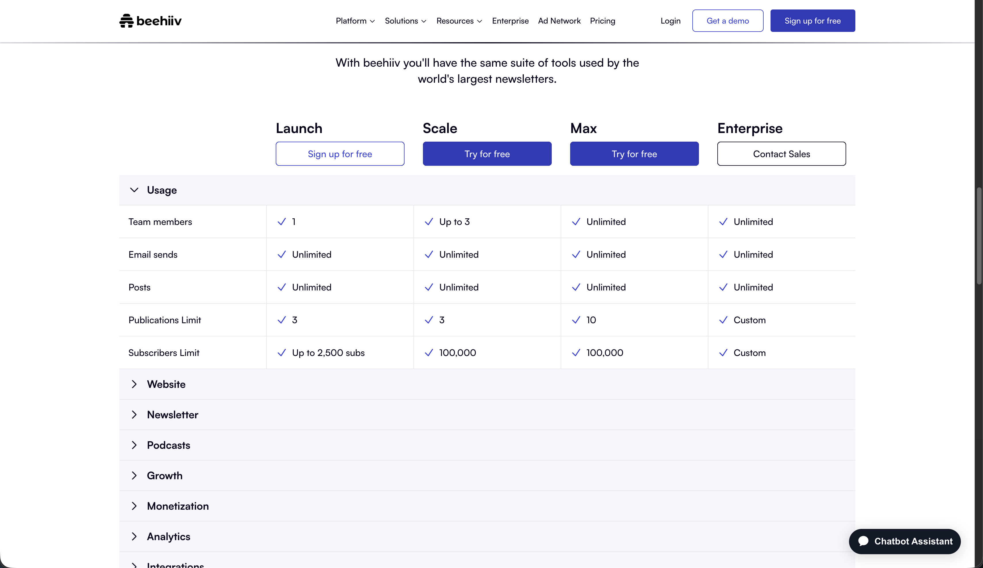 beehiiv pricing page showing Launch (free), Scale ($43/mo), and Max ($96/mo) plans